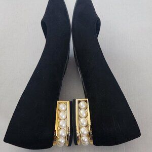 Black Faux Suede Pearl Heeled Flats Size 7.5